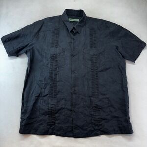 Inserch Guayabera Shirt Mens 2XL Black 100% Linen Short Sleeve Pleated Cuban Top